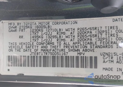 2005 Toyota 4Runner Limited z USA, uszkodzony, nr VIN JTEBT17R750051167